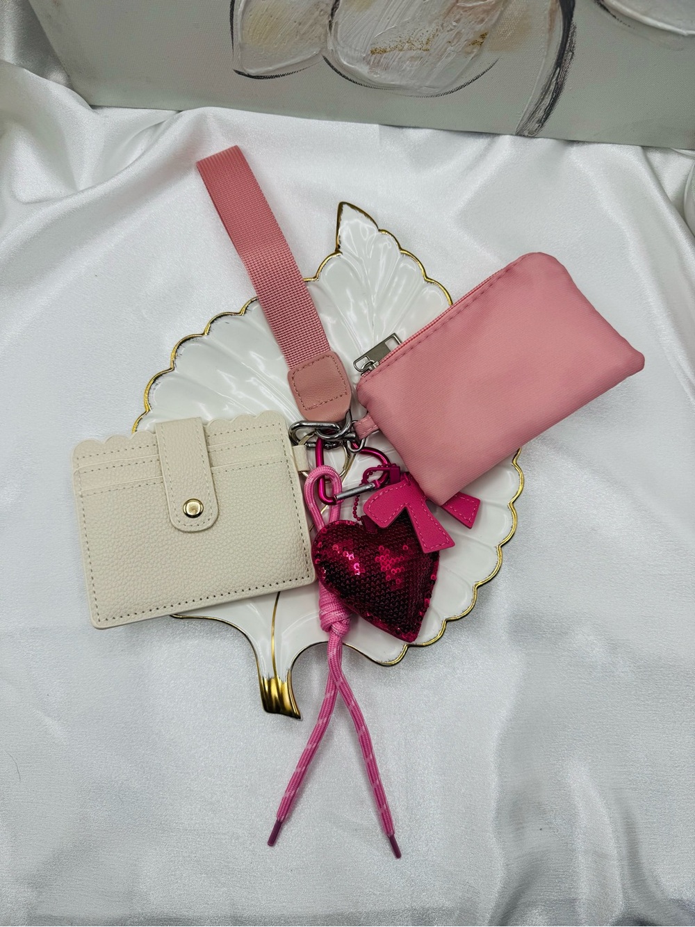 Pink Wristlet Keychain Wallet Set Card Holder Pouch Heart Charm